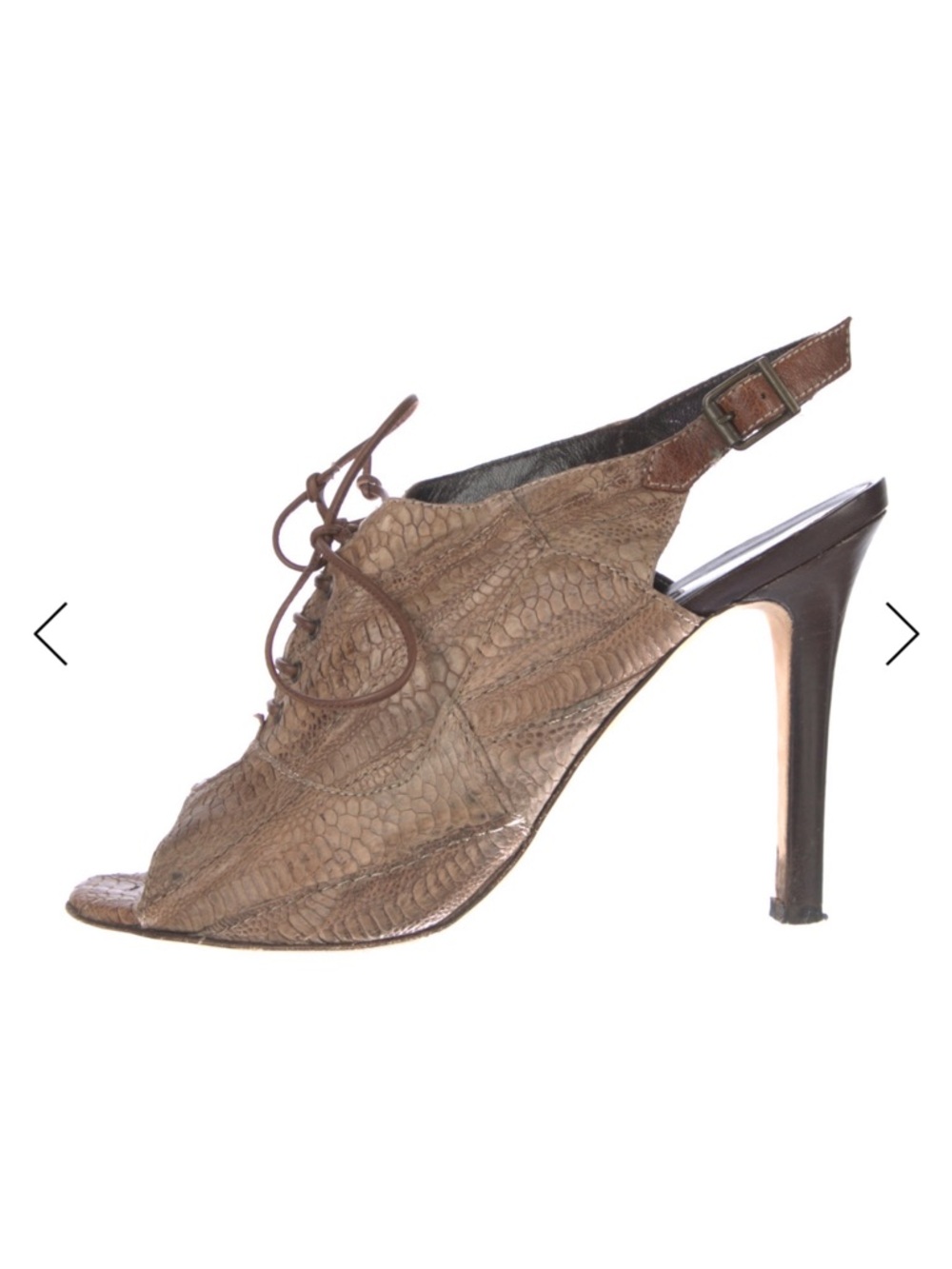 Manolo Blahnik Brown Textured Peep-Toe Lace-Up Slingback Heels